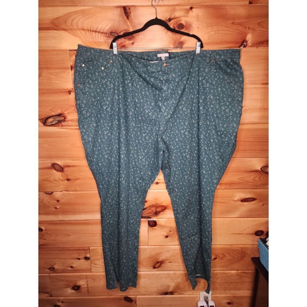 Woman Within Plus Size 42W Tall Green Floral Straight Leg Jeans Casual 90's Look